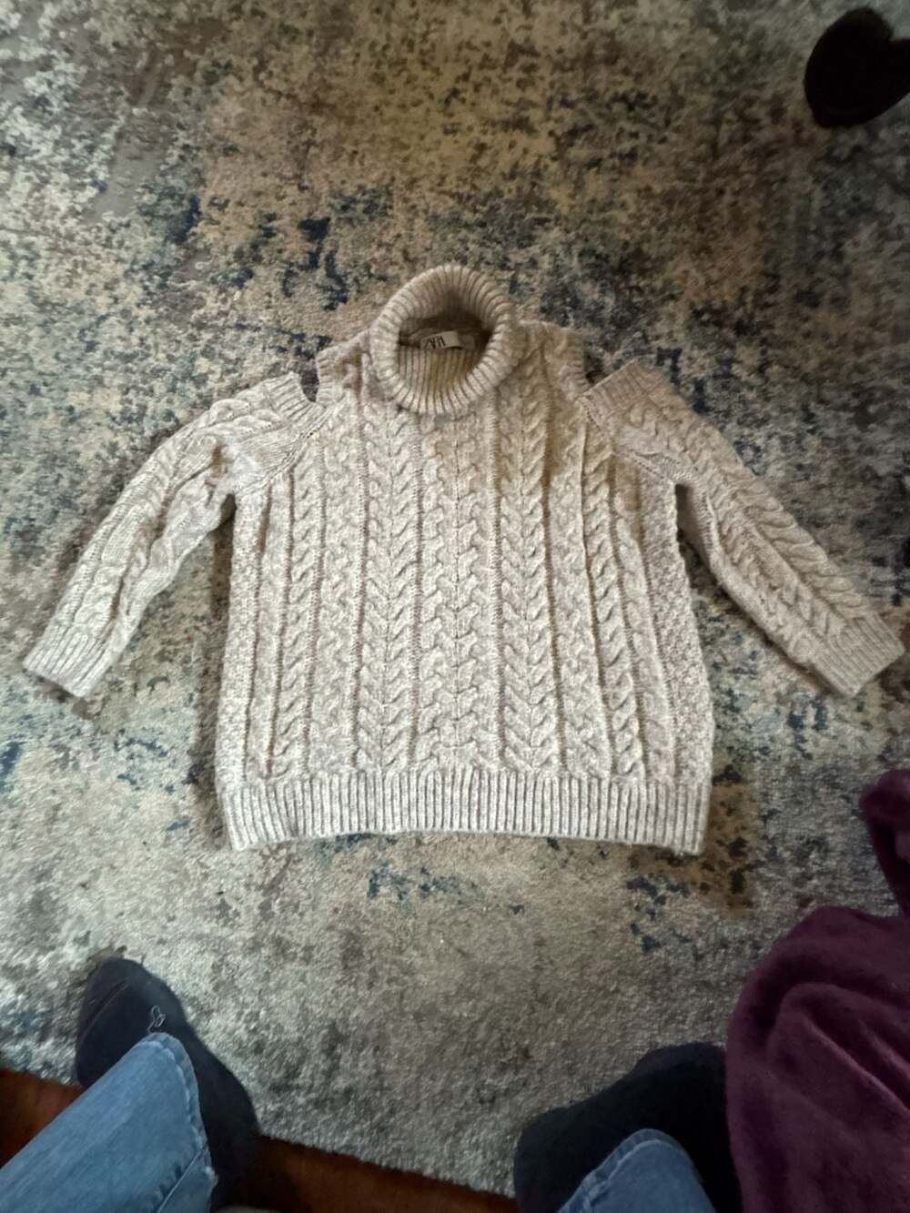 Zara Turtleneck Cable Knit Sweater Size S Beige Cold Shoulder